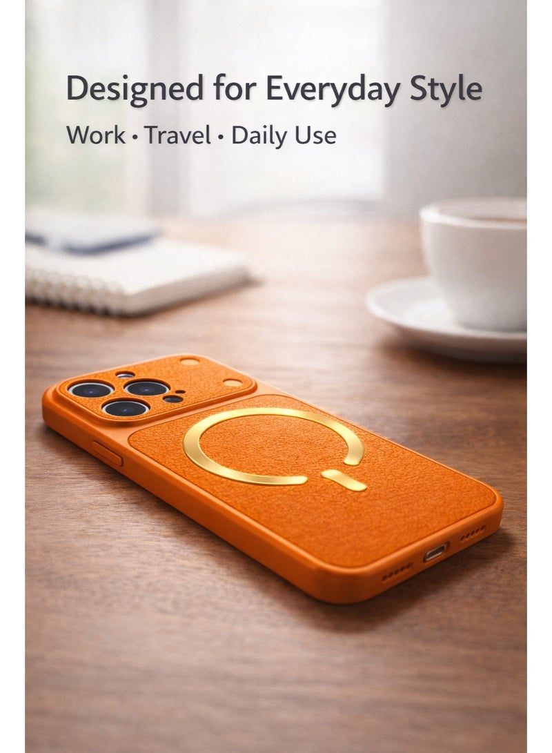 iPhone 16 Pro Max Luxury Magnetic Wireless Charging Case – Premium Orange Leather-Style Texture, Slim Fit, Raised Camera Protection - Image 4